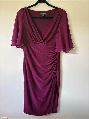 Lauren Ralph Lauren Wine-Red Surplice Midi Dress with Flutter Sleeves